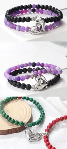 Magnetic couple beaded bracelets set with heart pendant matching stone jewelry for lovers.