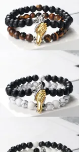 Chic magnetic handshake beaded bracelet set with tiger eye and matte black stone beads.