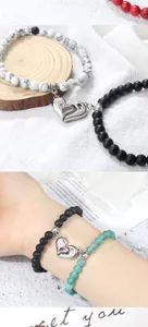 Couple magnetic stone bead bracelet with interlocking heart pendant for lovers sharing stylish daily wear.