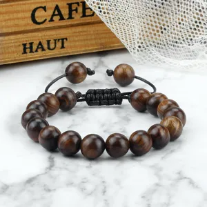 Holzperlen Armband für Damen und Herren, verstellbare geflochtene Kordel Handgelenk Kette.