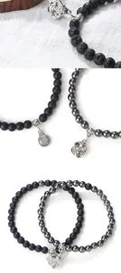 Set de pulseras de cuentas de rosa magnética para parejas, piedra volcánica y metal.