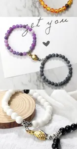 Magnetic couple bracelets with natural stone beads and gold silver hand clasp design.