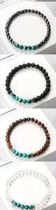 Vue détaillée de bracelets de perles de 6mm avec pierre de lave, œil de tigre et cristal.