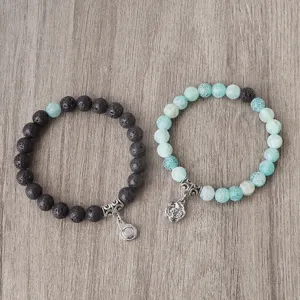 Bracelet de Couple Magnétique Ensemble Fermoir Floral en Alliage Cœur Assorti Imitation Œil de Tigre Pierre de Lave Bijoux