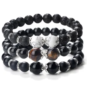 Bracelet en Perles de Pierre Volcanique Naturelle Turquoise Blanche Pour Hommes Femmes Couple Bracelet Élastique Bijoux Accessoires Cadeau