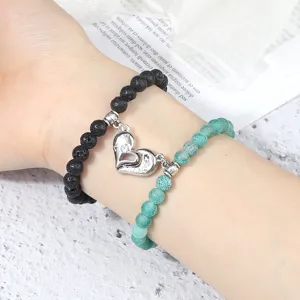 Couple magnetic heart pendant bracelet set with black lava stone and green agate beads jewelry