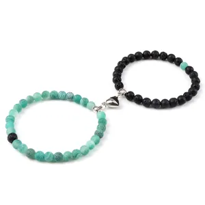 Ensemble de bracelets de perles cœur aimanté en pierre naturelle et lave pour couple.