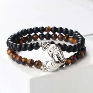 Double layer beaded bracelet with magnetic heart clasp matching couple jewelry set for men and women
