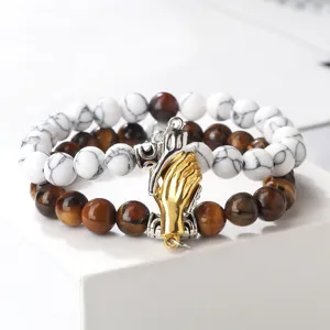 Fashion magnetic shaking hands couple beaded bracelet set with white and brown natural stone beads.