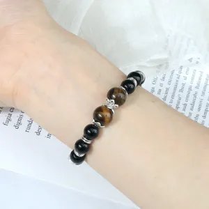 Bracelet de perles en oeil de tigre et onyx noir pour hommes et femmes, style tendance.