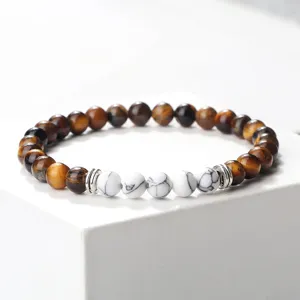 Bracelet élastique de perles d'œil de tigre et de pierre blanche 6mm pour hommes et femmes unisexe.