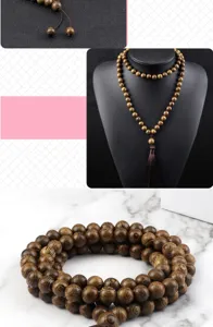 Layered wood bead necklace and bracelet set, Chinese style multi-wrap jewelry for daily wear.
