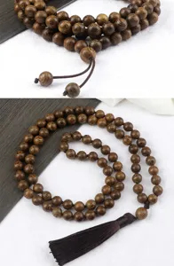 Wooden beaded mala bracelet necklace, vintage multi-layer tassel Zen fashion jewelry everyday.