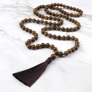 Wooden bead long necklace with tassel, Chinese style vintage sweater chain for women