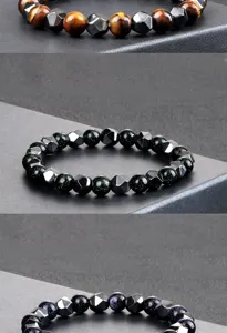 Detalles de pulseras de cuentas para hombre con ojo de tigre, piedra dorada y hematites.