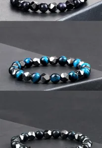 Pulsera elástica de cuentas de ojo de tigre azul y hematita facetada para hombre de negocios.