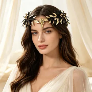 Gothic Baroque Crow Skull Headband Retro Black Faux Leaves Wreath Headpiece Witch Cosplay Accessory For Halloween Party Women