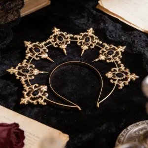 Gothic Baroque gold halo crown headband with black gems, ideal for Lolita cosplay and dark theme parties.