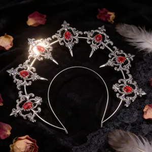 Gothic Lolita baroque metal halo headband with red rhinestones, dark sun crown for women.