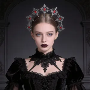 Gothic Lolita sun halo headband detail shot, baroque metal crown with red rhinestones for cosplay.