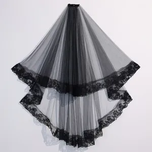 Black lace bridal veil with comb for Halloween gothic wedding and photo shoot costume props.