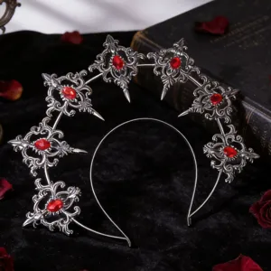 Gothic halo headband with vintage silver metal frame and sparkling red rhinestones.
