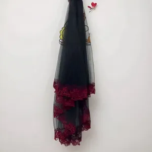 Black gothic lace wedding veil with wine red floral embroidery, short Halloween headpiece.