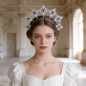 Gothic Lolita Halo Crown Baroque Sunburst Tiara Blue Rhinestone Hair Band Headpiece