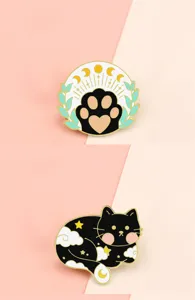 Cute black cat enamel brooch pins set, moon phase paw and sleeping star cat lapel badge for clothes.