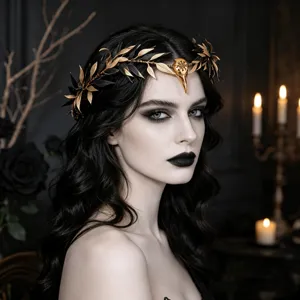 Gothic baroque crow skull headband with black and gold leaves for dark witch costume detail.
