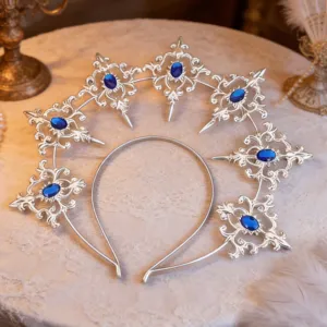 Baroque halo headband with vintage silver tone metal and blue rhinestones for lolita gothic style.
