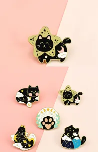 Cute black cat enamel pin celestial star moon brooch badge for lapel sweater accessories.