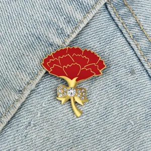 Fashion Commute Alloy Rhinestone Carnation Brooch Gold Plated Red Enamel Flower Pin With Bowknot Decoration For Suit Women Jewelry Gift