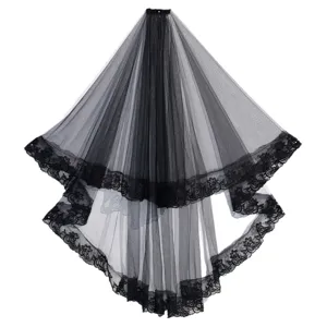Black lace bridal veil with comb, perfect for Halloween ghost bride, gothic wedding and photo props.