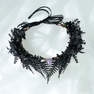 Gothic black floral crown with purple teardrop crystal Halloween witch hair accessory