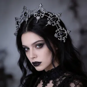 Gothic Lolita crown headband with black rhinestones, dark baroque style hair accessory.