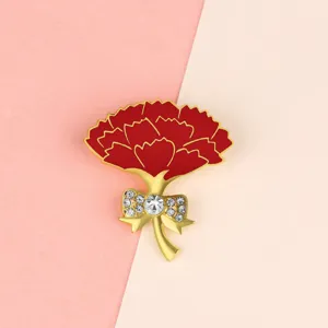 Elegant red carnation brooch with rhinestone bow for women fashion suit accessory