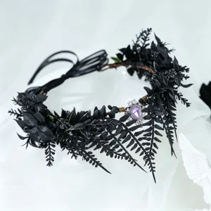 Gothic black floral crown headband with purple teardrop gem for Halloween party dress up