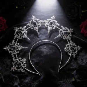 Gothic Lolita silver sun halo crown headband with dark rhinestones for women dark style.