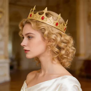 Exquisite European court gold crown headpiece with red gemstones for royal wedding parties.