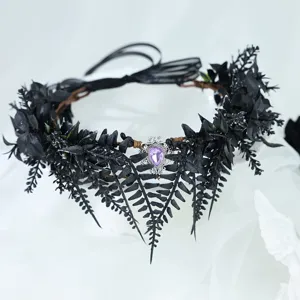 Gothic black floral crown headpiece with purple teardrop gem for Halloween party cosplay.
