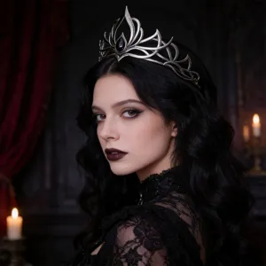 Corona diadema gotica con strass neri, accessorio per capelli da sposa vintage scuro e chic.