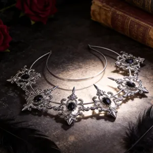 Gothic black rhinestone halo headband detail, ornate baroque metal crown for dark fashion.