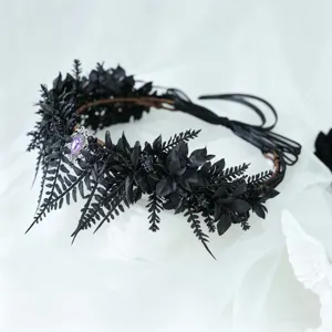 Gothic black floral crown headband with purple crystal gem, dark witch Halloween party accessory.
