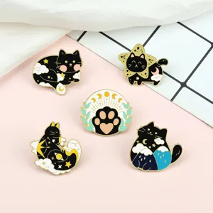 Black Cat Enamel Pins Moon Star Celestial Alloy Brooches Halloween Cartoon Lapel Badges For Women Men Clothing Decor