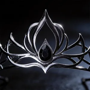 Primo piano dettaglio tiara gotica in argento con gemma nera, corona scura di cristallo.