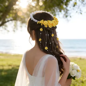 Yellow Daisy Tassel Hair Band With Artificial Pearl Flower Wreath Bohemian Forest Bridal Wedding Beach Vacation Headpiece For Women