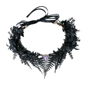 Dark Gothic black floral crown headpiece with purple teardrop gem Halloween party accessory