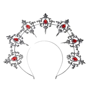 Gothic Lolita halo crown headband with red rhinestones, dark baroque metal tiara hair accessory.