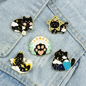 Cute black cat enamel pins set celestial moon star cat paw brooches for clothes denim jacket